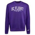 A purple crewneck sweatshirt with 'DC FLIGHT VOLLEYBALL EST. 2027' printed in white on the chest, and a small DC logo on the left sleeve cuff
