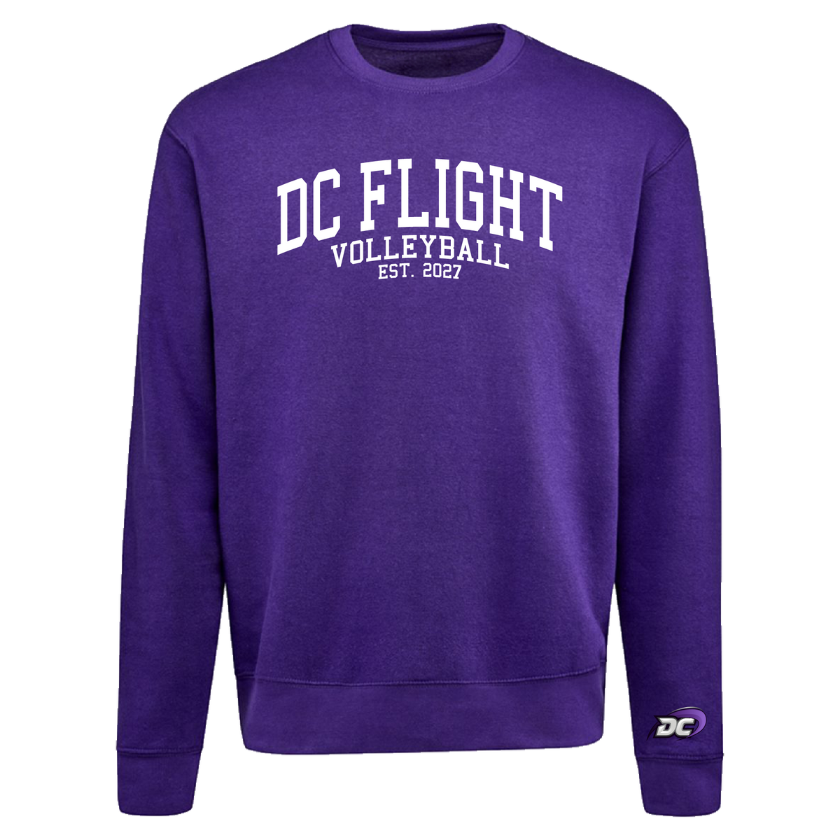 A purple crewneck sweatshirt with 'DC FLIGHT VOLLEYBALL EST. 2027' printed in white on the chest, and a small DC logo on the left sleeve cuff