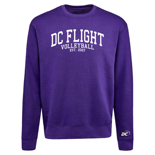 A purple crewneck sweatshirt with 'DC FLIGHT VOLLEYBALL EST. 2027' printed in white on the chest, and a small DC logo on the left sleeve cuff