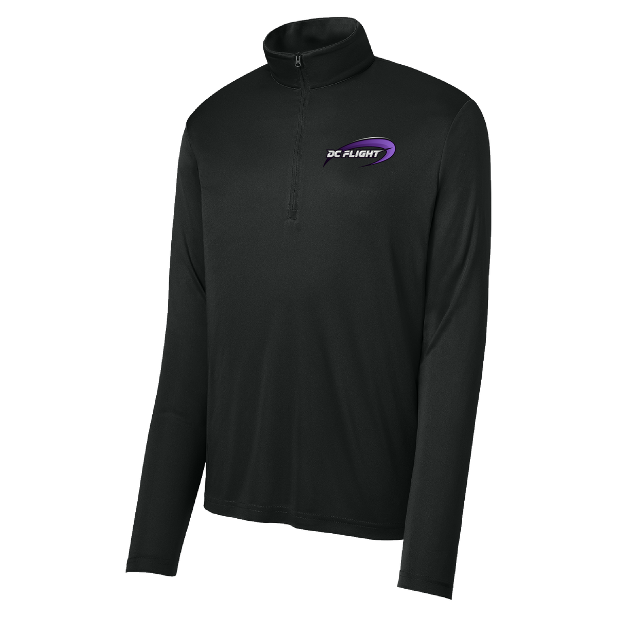 A black long-sleeve quarter-zip pullover jacket with a purple and white 'DC FLIGHT' logo on the left chest